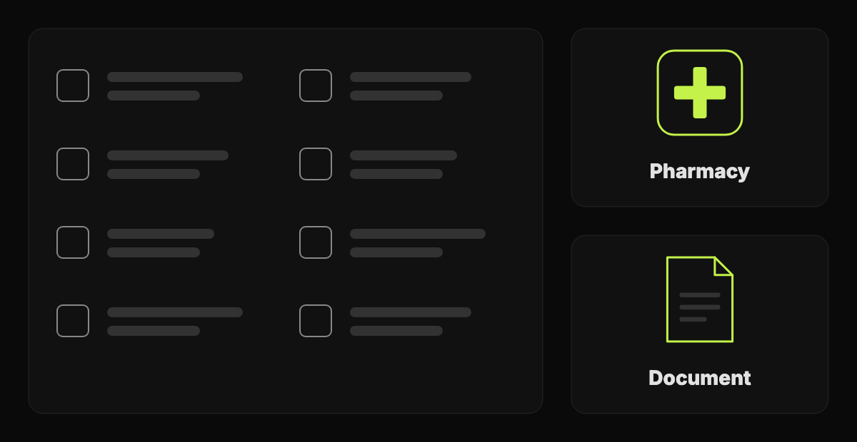An abstract checklist graphic with eight empty boxes beside a pharmacy icon and a document icon