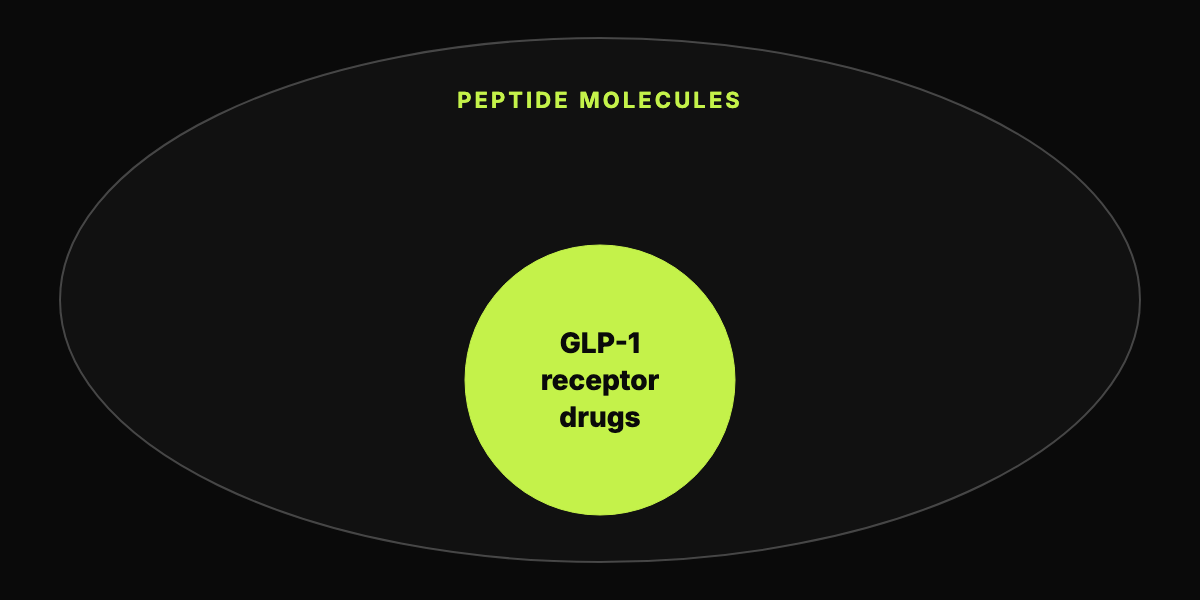 Abstract Venn-style diagram showing GLP-1 receptor drugs as one region inside the wider set of peptide molecules
