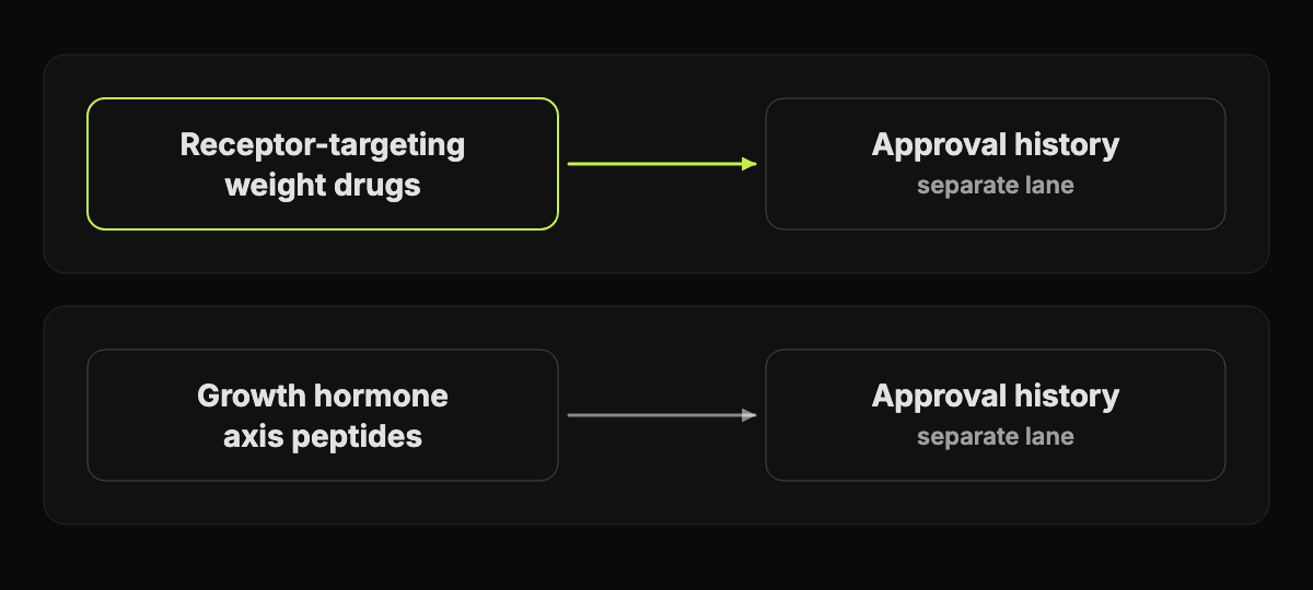 Abstract two-lane diagram contrasting receptor-targeting weight drugs with growth hormone axis peptides and their separate approval histories